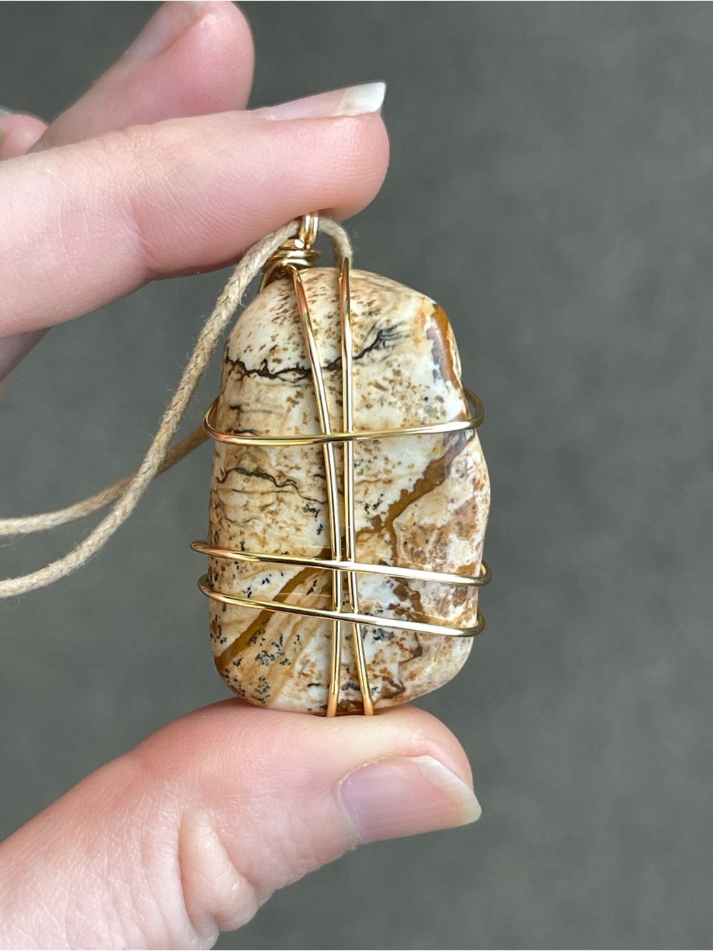 Natural Picture Jasper Gold Tone Wire Wrap on Tan Cotton Cord Handmade